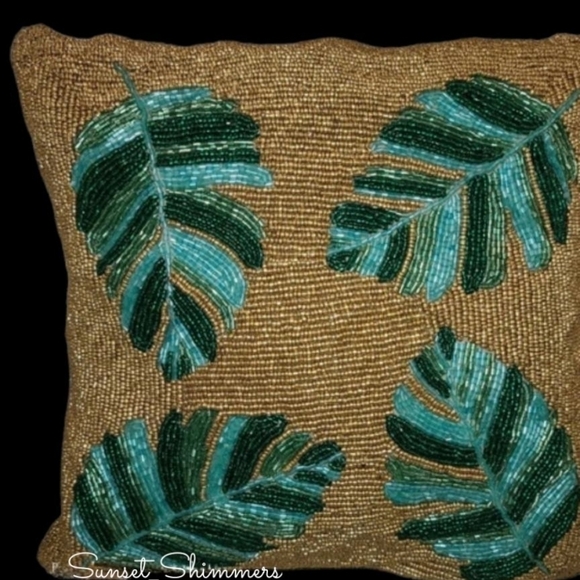 PACIFIC Paradise GOLD Green Teal Aqua Beaded Palm Leaf Pier 1 Style Pillow Decor - Picture 11 of 13
